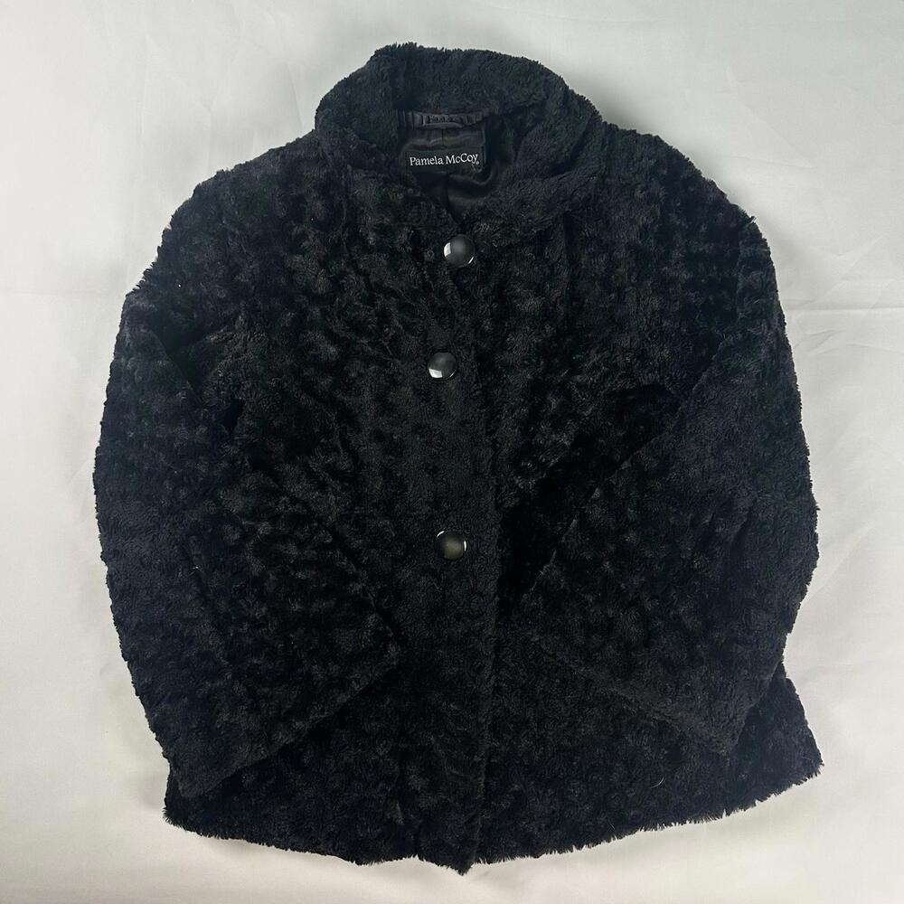Pamela McCoy Black Faux Fur Coat Puff Cuff 3 Button Flare Waist Jacket Size XS‎